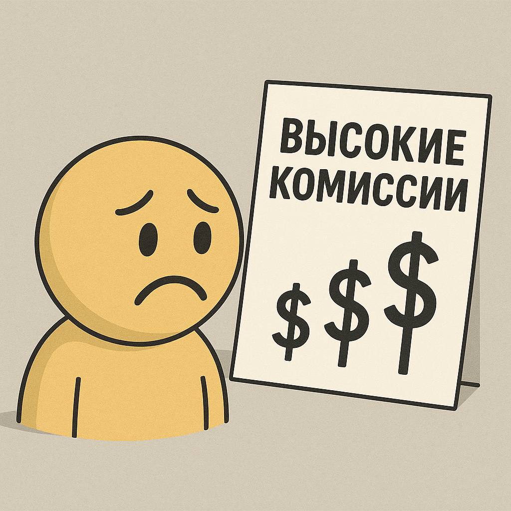 Человечек с грустным лицом смотрит на высокие комиссии